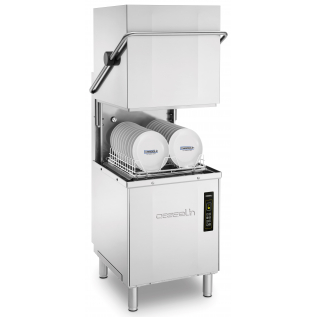 Hooded dishwasher with drain pump